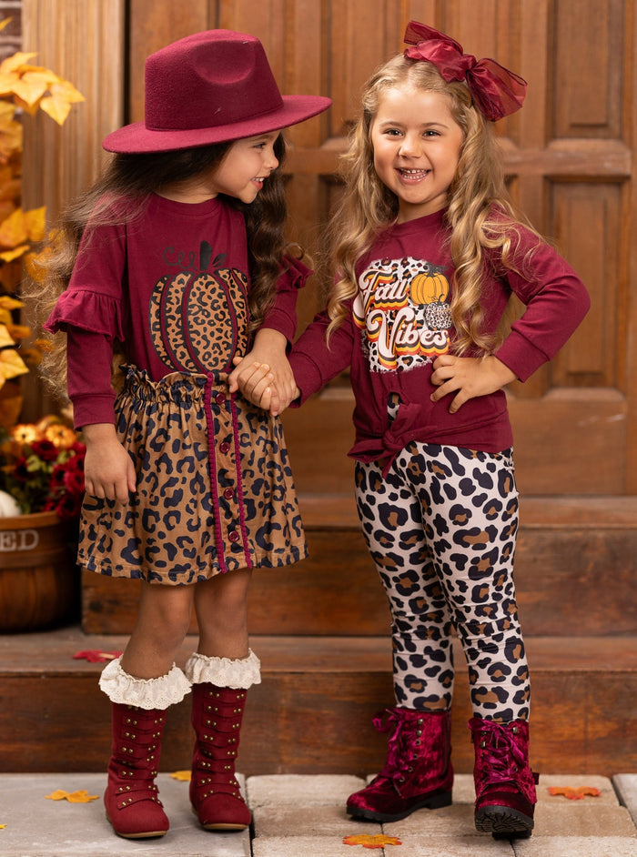 Mia Belle Girls Fall Leopard Print Pumpkin Top & Skirt Set
