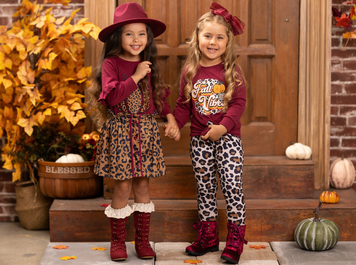 Mia Belle Girls Fall Leopard Print Pumpkin Top & Skirt Set