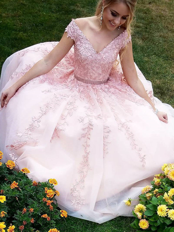 For Teens Pink Lace Appliques Off Shoulder With Beaded A-line Prom Dresses,PD00082