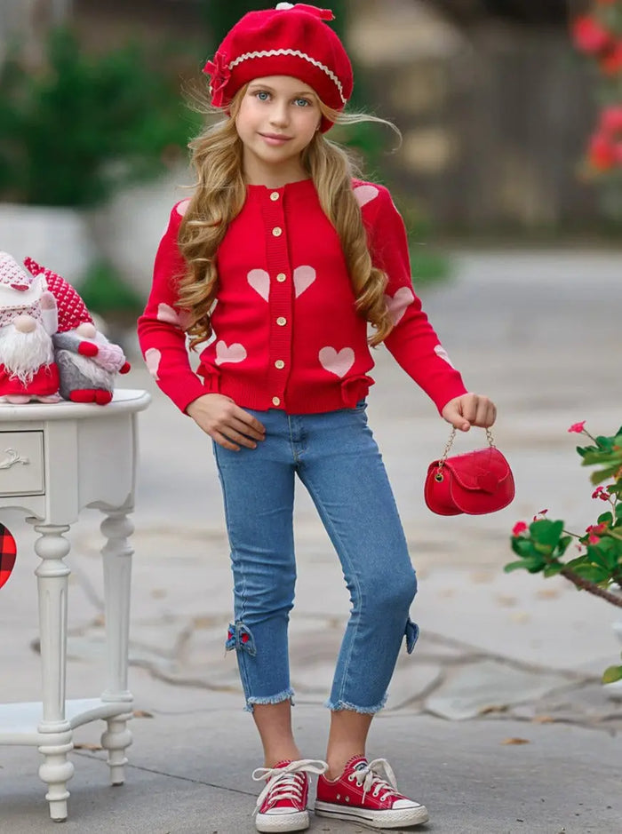 Toddler Valentine's Clothes | Girls Heart Cardigan & Bowed Jeans Set