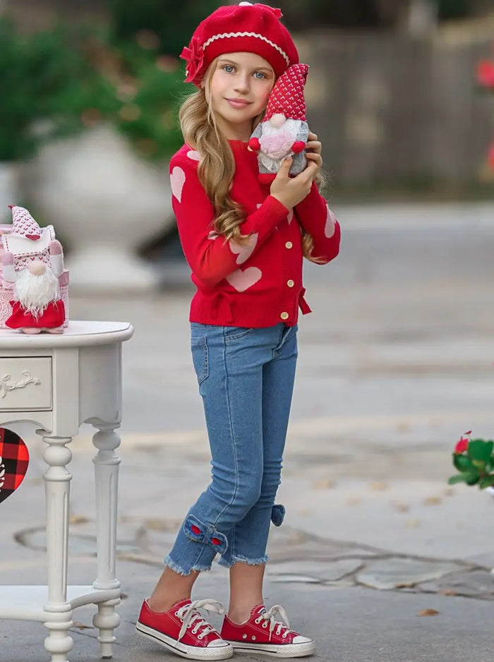 Toddler Valentine's Clothes | Girls Heart Cardigan & Bowed Jeans Set