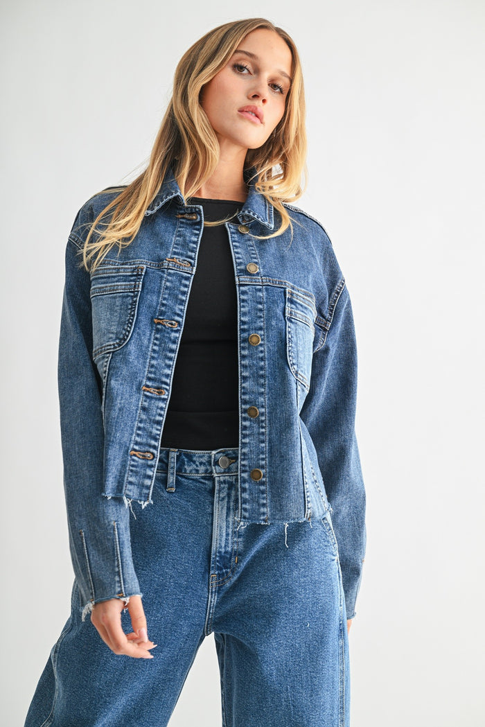 Frayed Hem Utility Denim Jacket