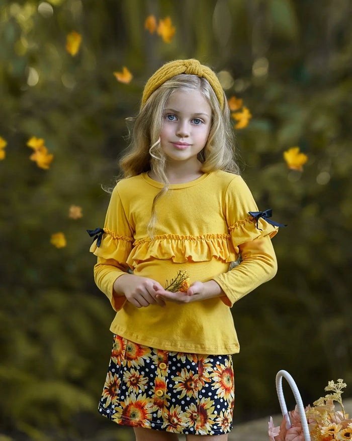Little girls Fall long-sleeve ruffled top with bow accents and sunflower polka dot print skirt with button applique - Mia Belle Girls