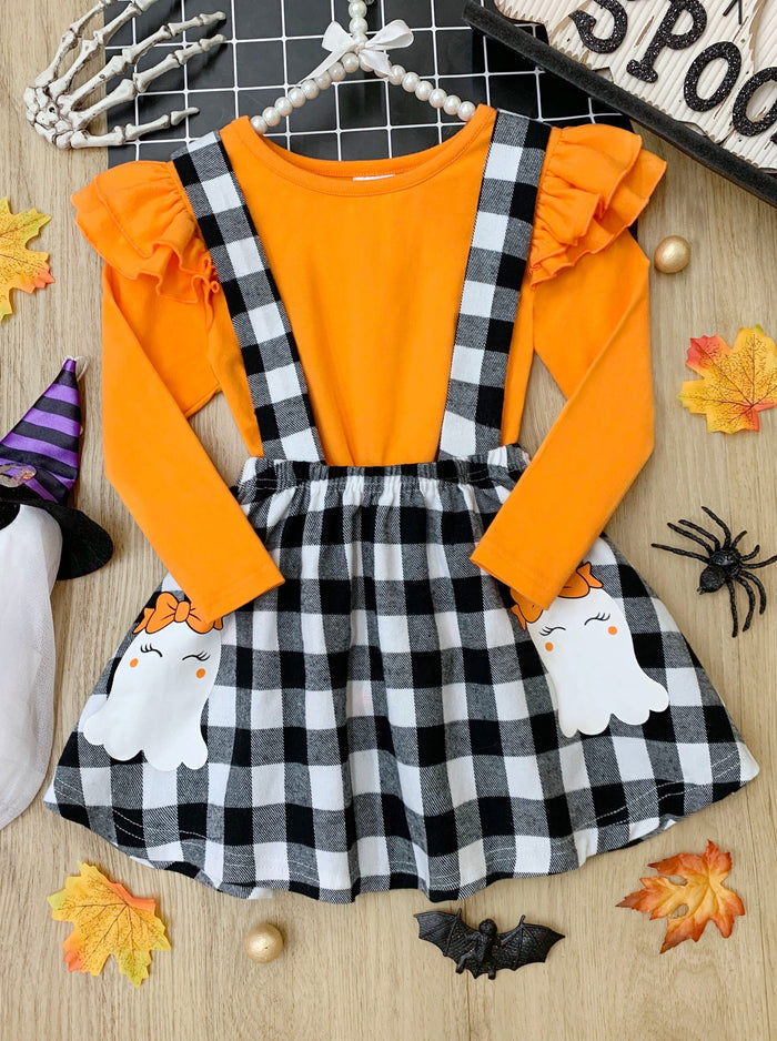 Girls Halloween Apparel | Ghost Overall Skirt Set | Mia Belle Girls