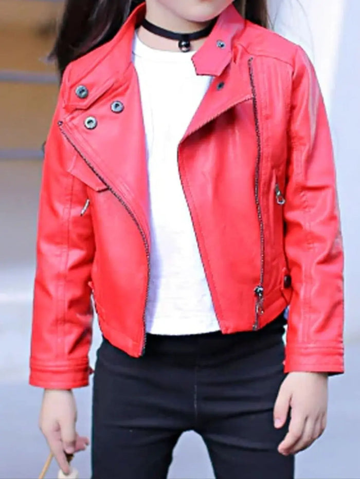 Girls Fall Synthetic Leather Jacket - Red / 4T - Girls Jacket
