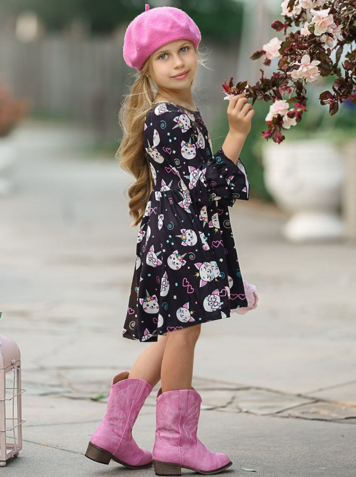 Girls Hi-Lo Double Ruffle Sleeve Kitten Print Dress