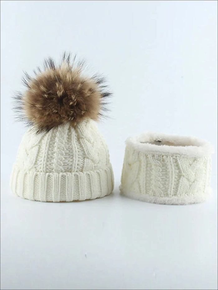 Kids Cable Knit Pom Pom Beanie with Neck Scarf - White - Girls Hats