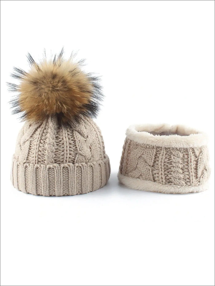 Kids Cable Knit Pom Pom Beanie with Neck Scarf - Beige - Girls Hats