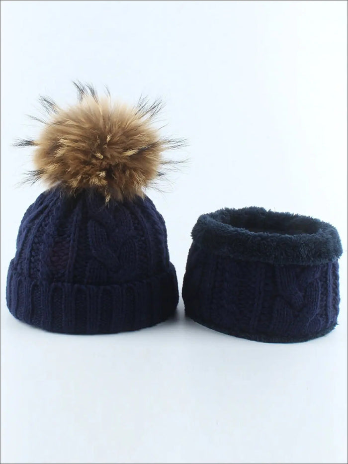 Kids Cable Knit Pom Pom Beanie with Neck Scarf - Navy - Girls Hats