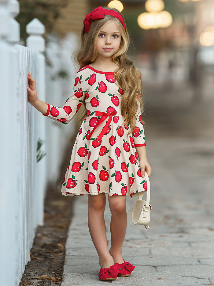 Girls Trimmed Scoop Back Twirl Apple Printed Dress Mia Belle Girls