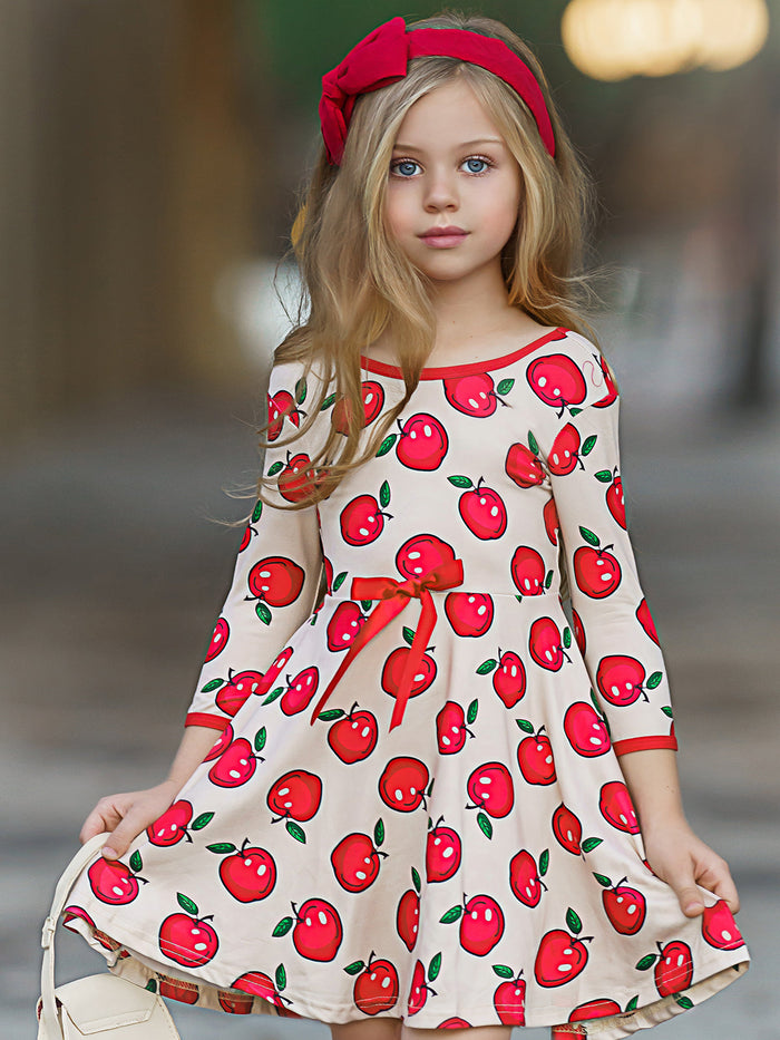 Girls Trimmed Scoop Back Twirl Apple Printed Dress Mia Belle Girls