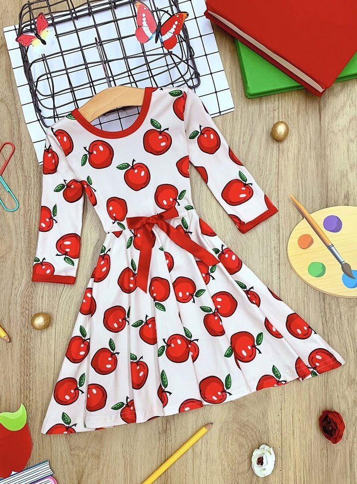 Girls Trimmed Scoop Back Twirl Apple Printed Dress Mia Belle Girls