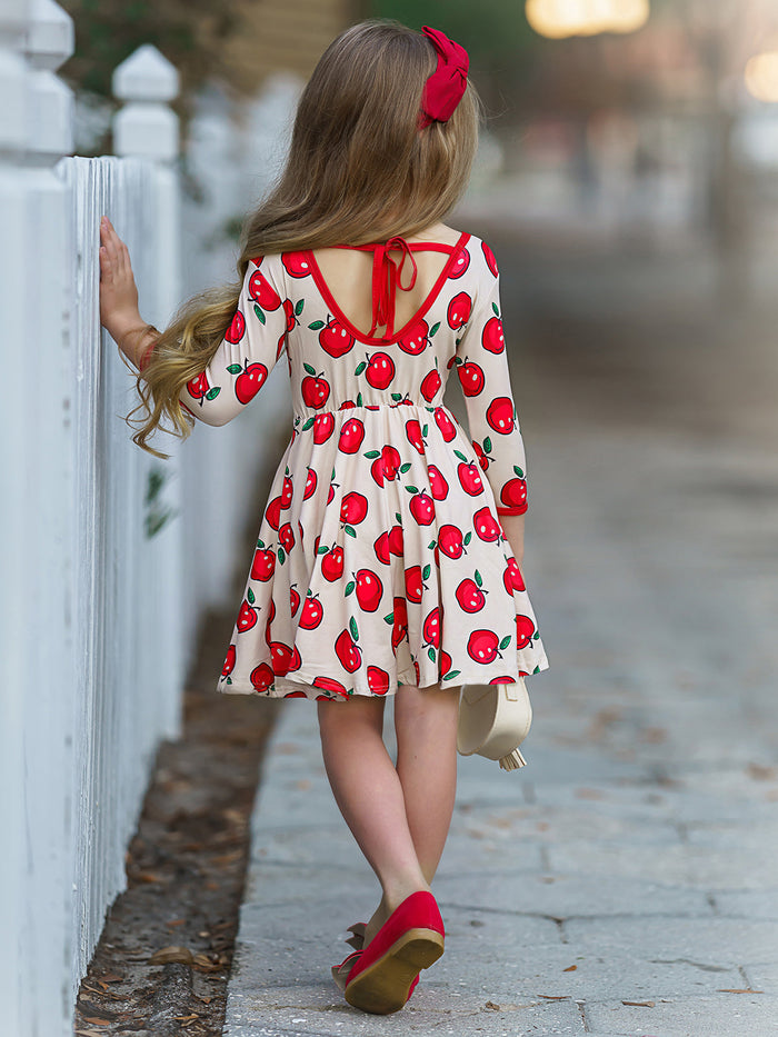 Girls Trimmed Scoop Back Twirl Apple Printed Dress Mia Belle Girls