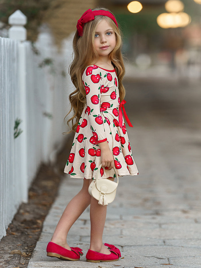 Girls Trimmed Scoop Back Twirl Apple Printed Dress Mia Belle Girls