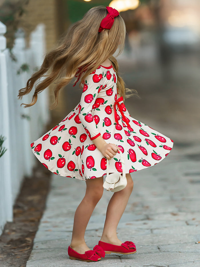 Girls Trimmed Scoop Back Twirl Apple Printed Dress Mia Belle Girls