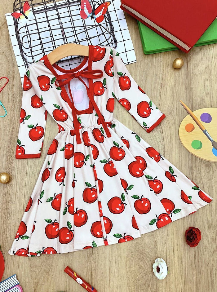 Girls Trimmed Scoop Back Twirl Apple Printed Dress Mia Belle Girls