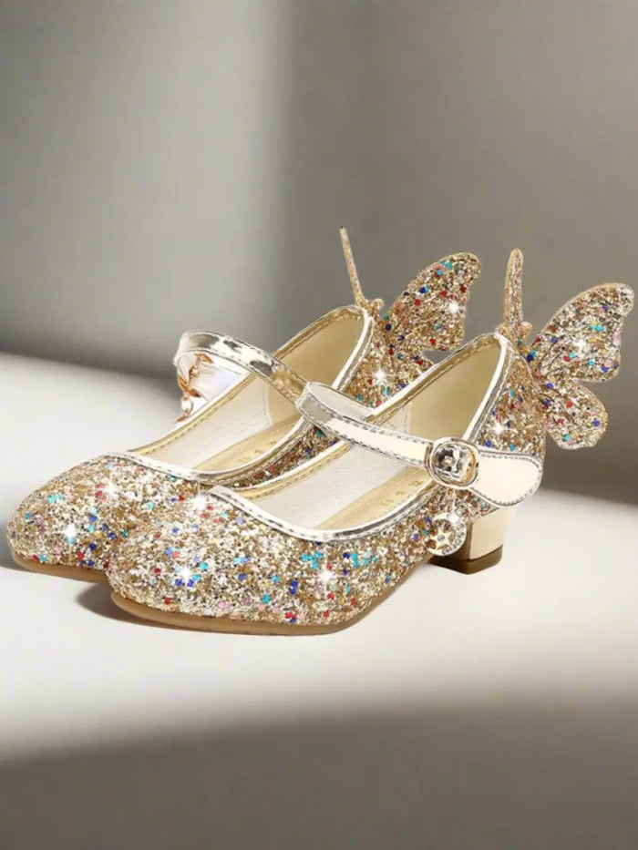 Girls Glitter Butterfly Mary Jane Mini Heels By Liv and Mia - Gold