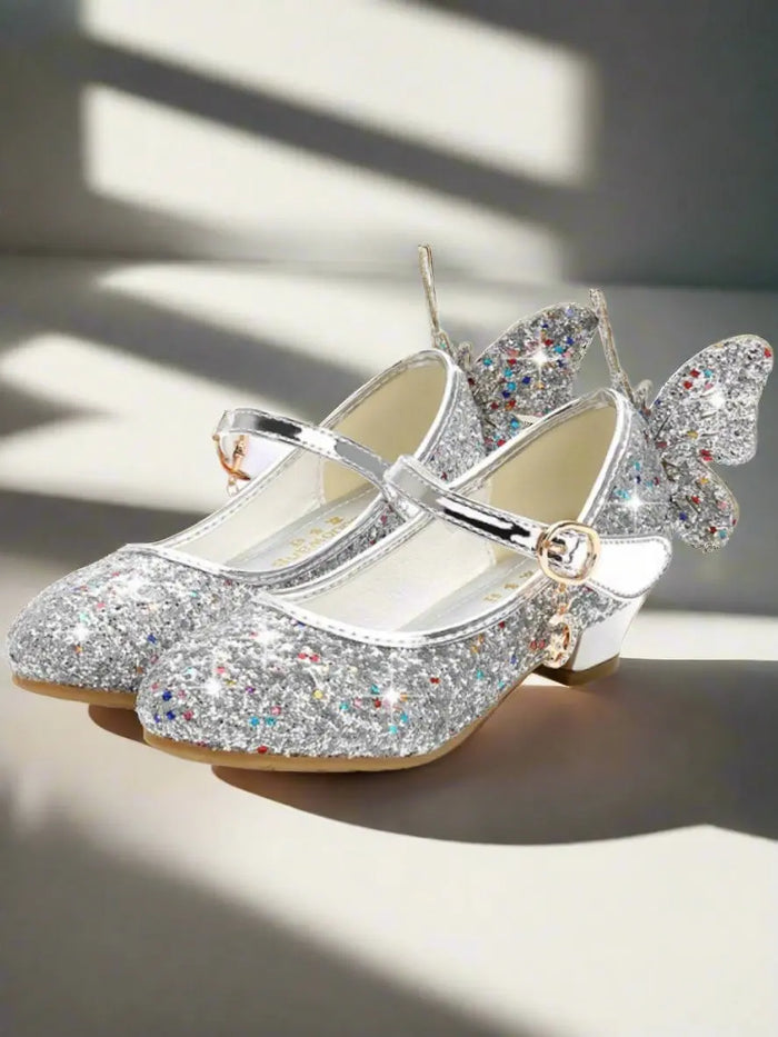 Girls Glitter Butterfly Mary Jane Mini Heels By Liv and Mia - Silver