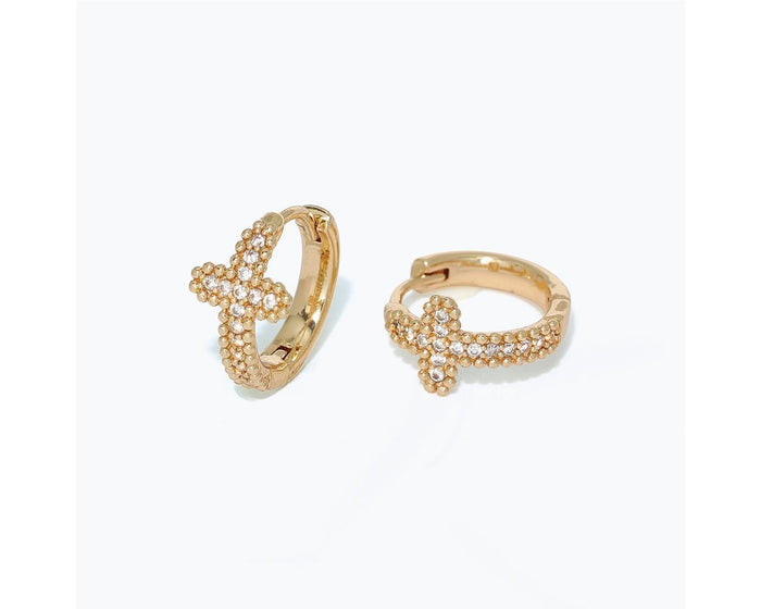 Gold Cross Huggie Cz Earrings