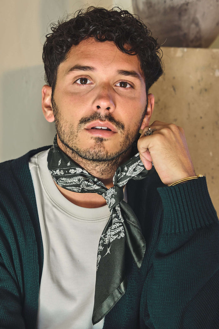 model styled with Green Silk Scarf in Mountain View Green