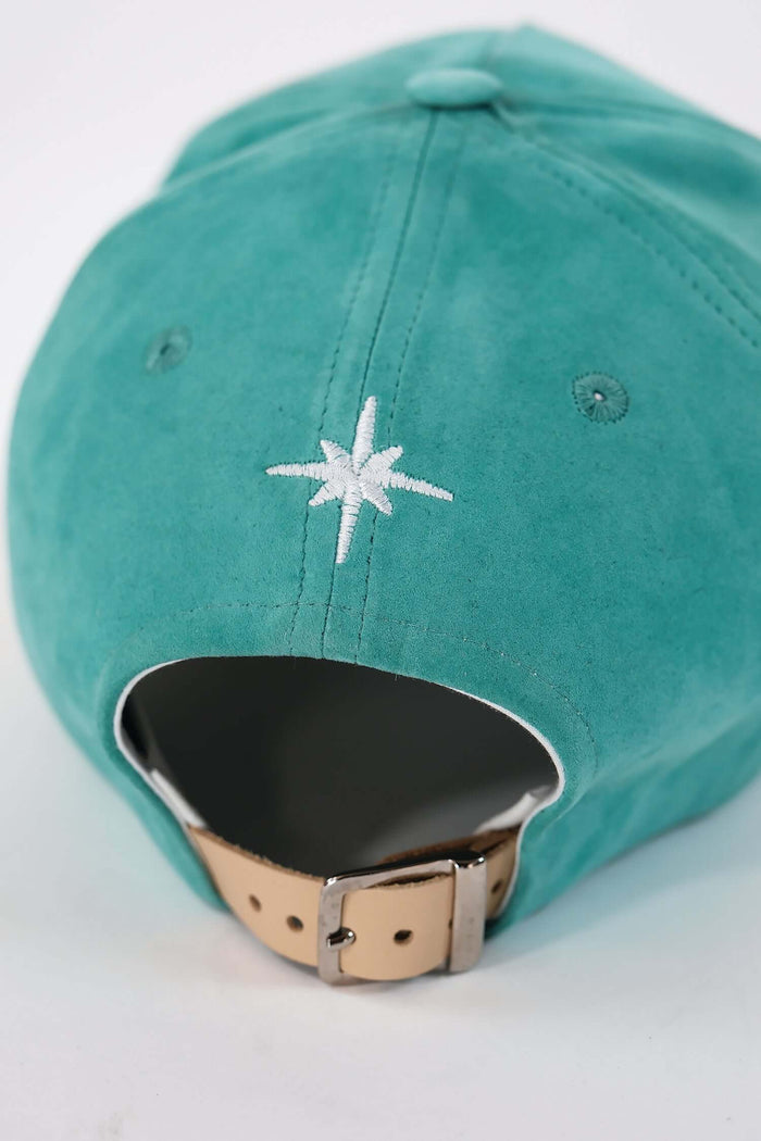 Green suede baseball cap back detail with embroidered star