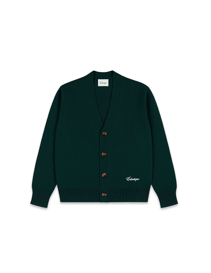 Green v neck cardigan in Scarab green flat lay front view