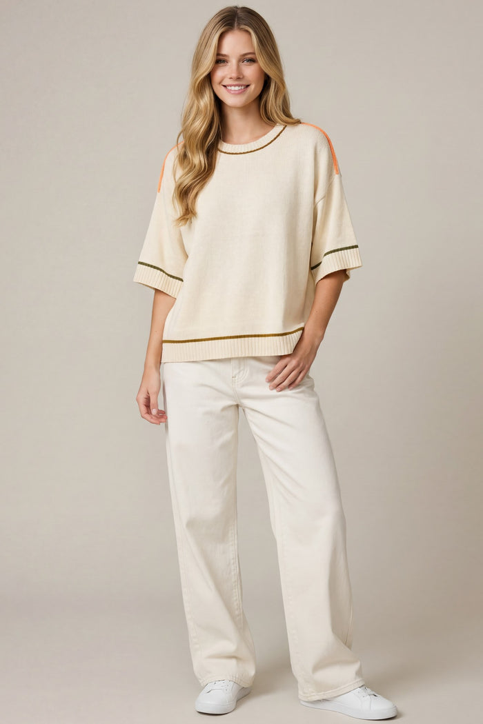 Half Sleeve Contrast Lined Sweater