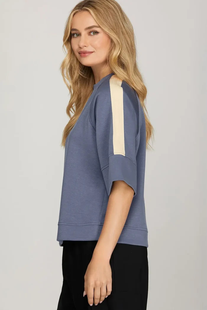 Half Sleeve Knit Top with Contrast Tape