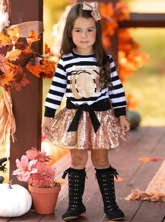 Fall Outfits | Knot Hem Top & Sequin Skirt Set | Cute Fall Girls Sets