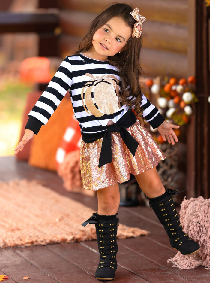 Fall Outfits | Knot Hem Top & Sequin Skirt Set | Cute Fall Girls Sets