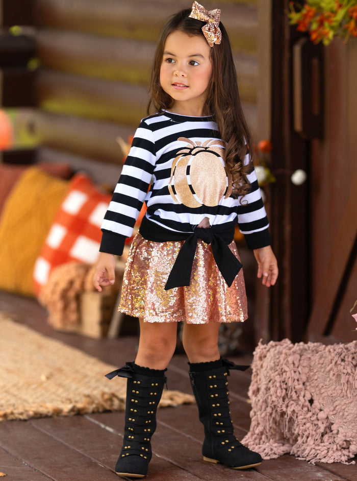 Fall Outfits | Knot Hem Top & Sequin Skirt Set | Cute Fall Girls Sets