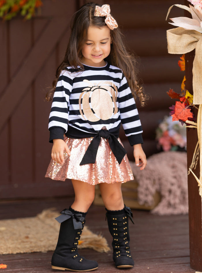 Fall Outfits | Knot Hem Top & Sequin Skirt Set | Cute Fall Girls Sets