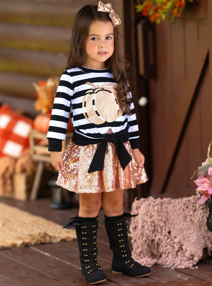 Fall Outfits | Knot Hem Top & Sequin Skirt Set | Cute Fall Girls Sets