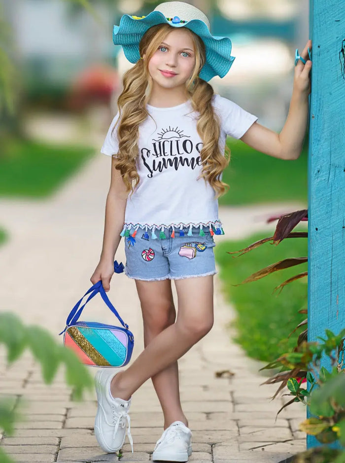 Mia Belle Girls Hello Summer Top & Denim Shorts Set | Resort Wear