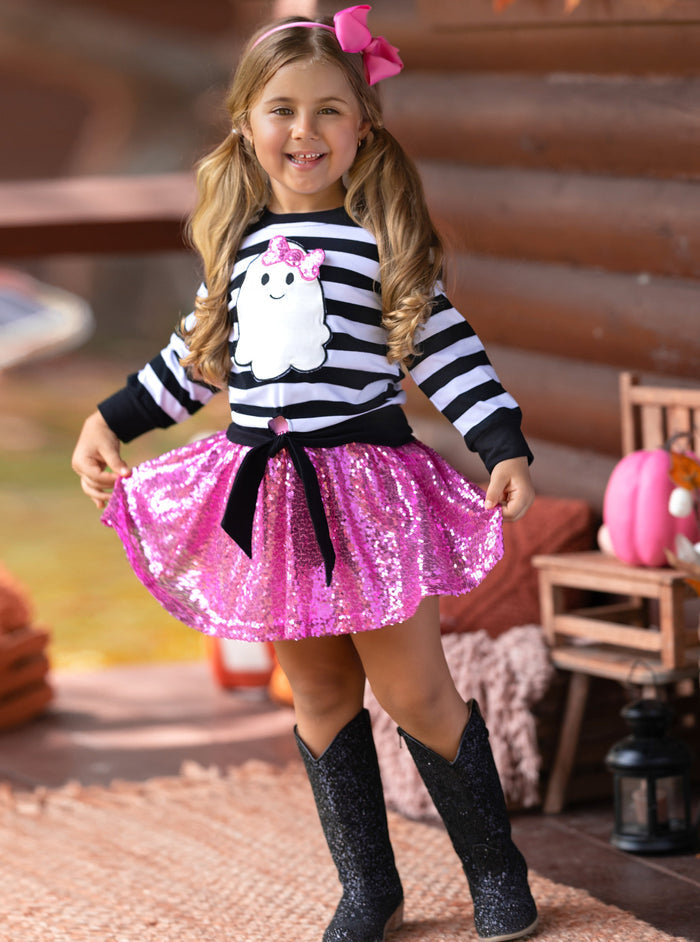 Girls Halloween Apparel | Toddler Striped Ghost Top & Sequin Skirt Set