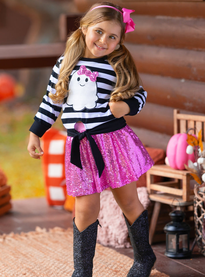 Girls Halloween Apparel | Toddler Striped Ghost Top & Sequin Skirt Set