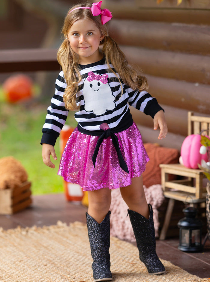Girls Halloween Apparel | Toddler Striped Ghost Top & Sequin Skirt Set