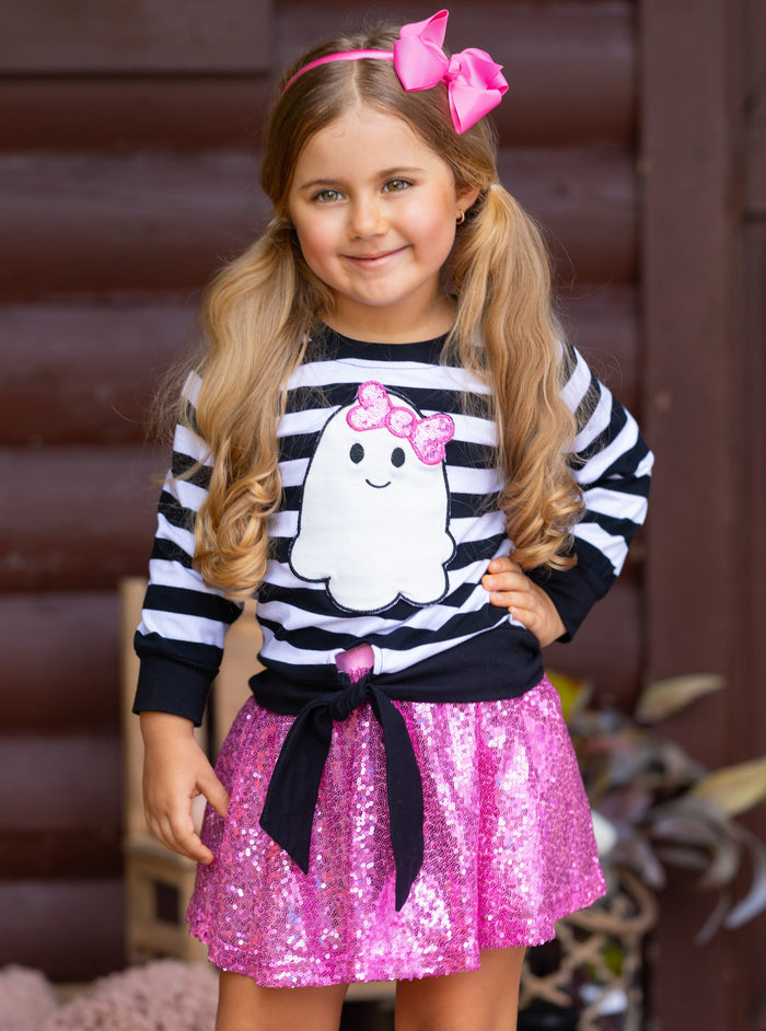 Girls Halloween Apparel | Toddler Striped Ghost Top & Sequin Skirt Set