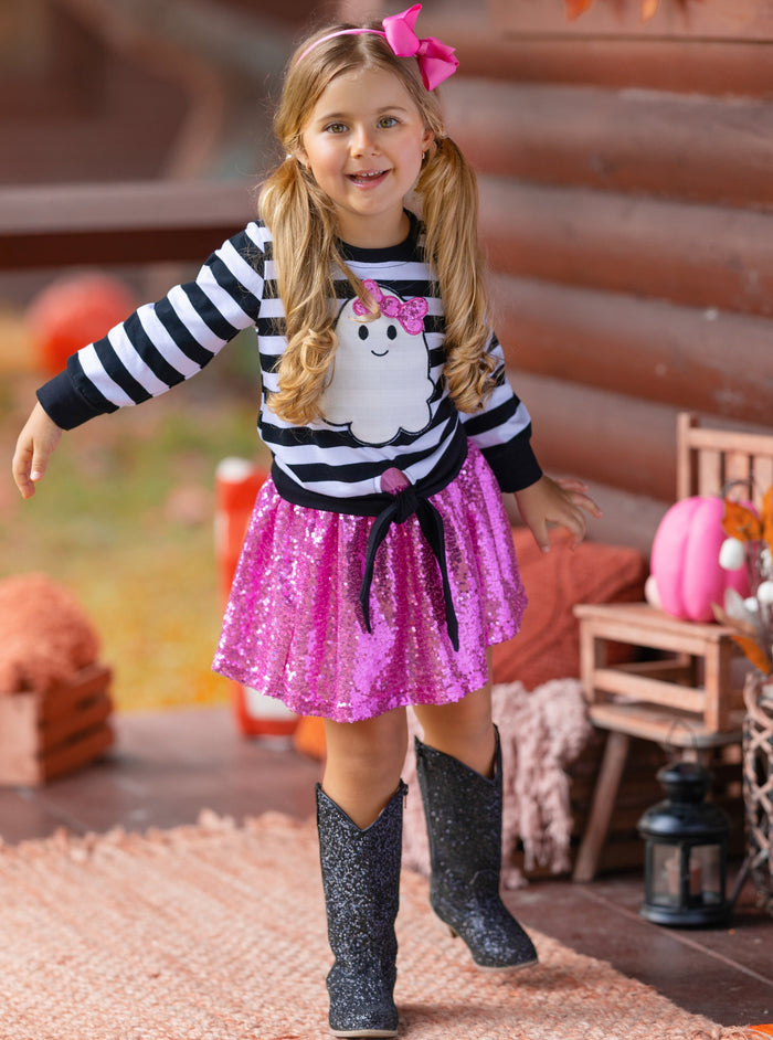 Girls Halloween Apparel | Toddler Striped Ghost Top & Sequin Skirt Set
