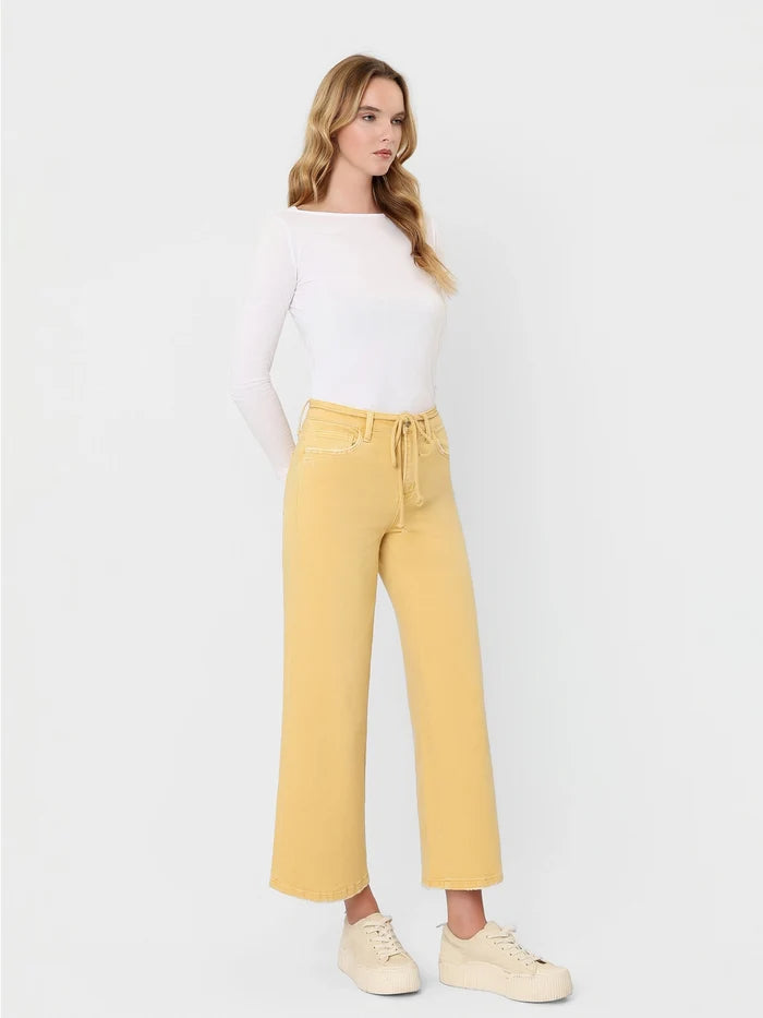 High Rise Drawstring Color Crop Wide Leg Jeans