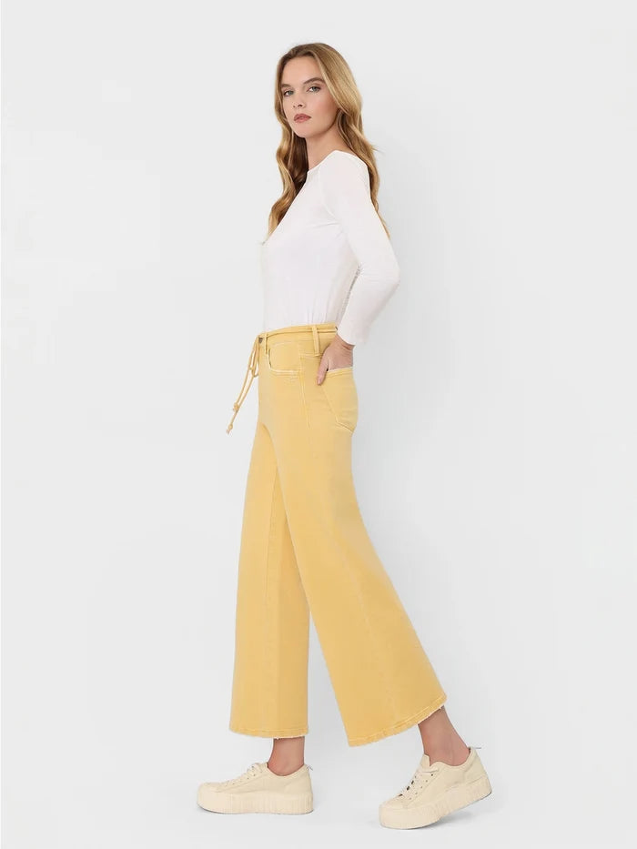 High Rise Drawstring Color Crop Wide Leg Jeans
