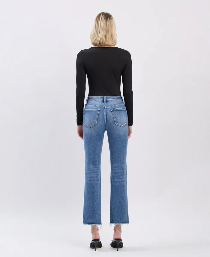High Rise Uneven Raw Hem Slim Straight Jeans