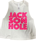 and Jackson Hole tank white with pink on white background