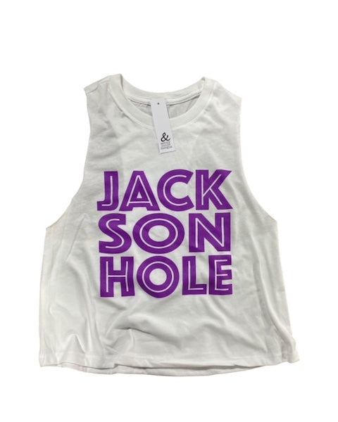 and Jackson Hole tank white with purple on white background