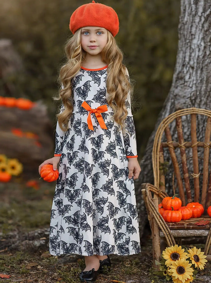 Girls Halloween Dress | Boho Bat Print Maxi Dress - Mia Belle Girls