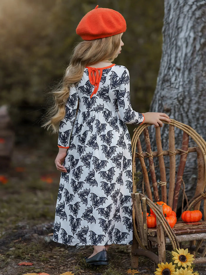 Girls Halloween Dress | Boho Bat Print Maxi Dress - Mia Belle Girls