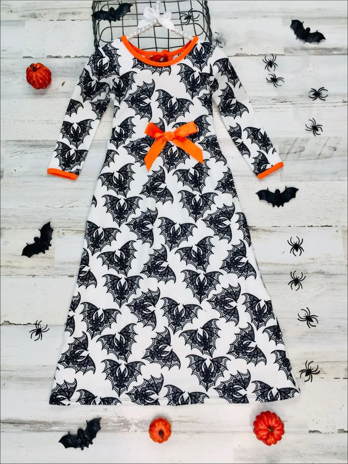 Girls Halloween Dress | Boho Bat Print Maxi Dress - Mia Belle Girls
