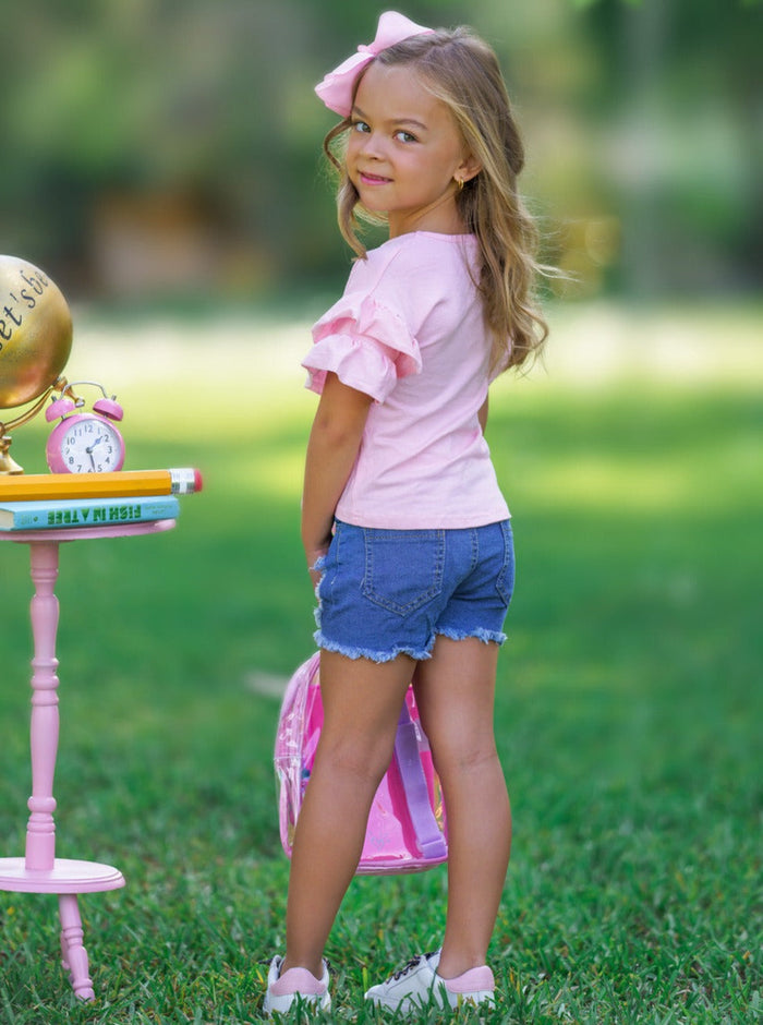 Girls Back To School Sets | Patched Denim Short Set | Mia Belle Girls
