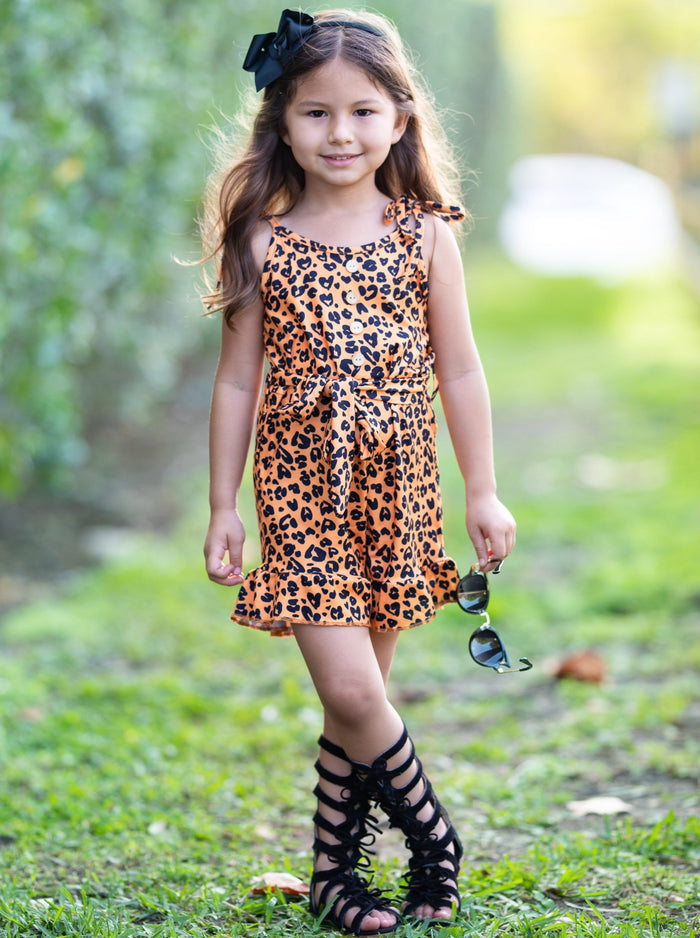 Toddler Spring Outfits | Girls Leopard Drawstring Waist Ruffled Romper