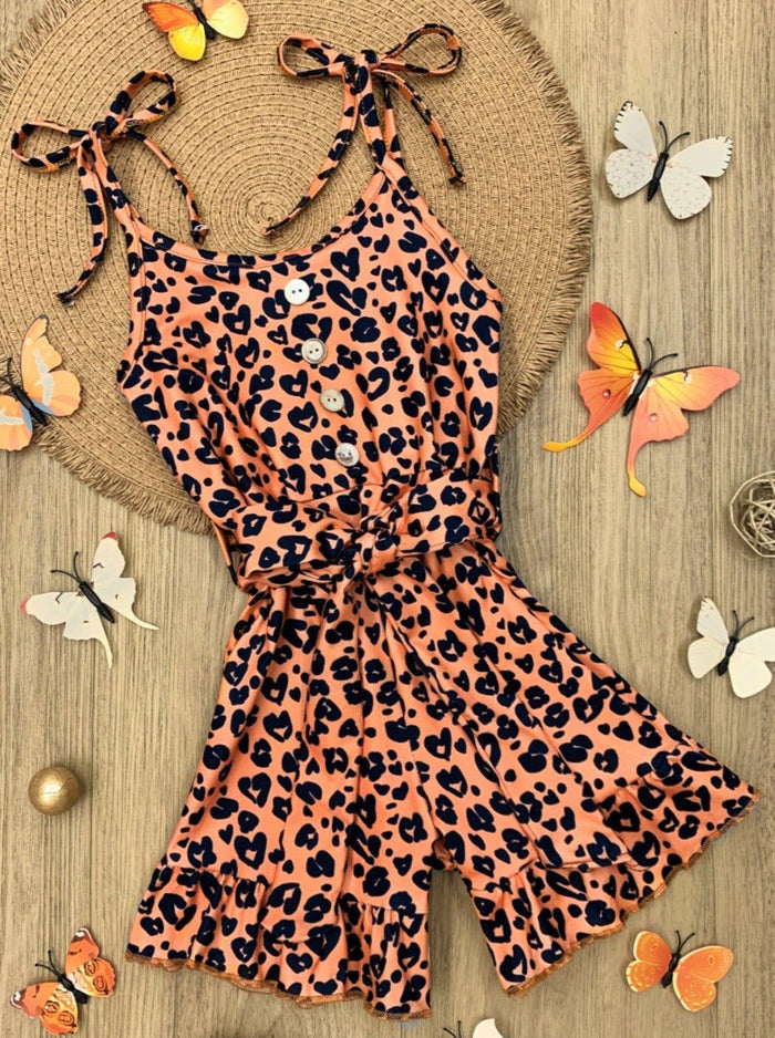 Toddler Spring Outfits | Girls Leopard Drawstring Waist Ruffled Romper